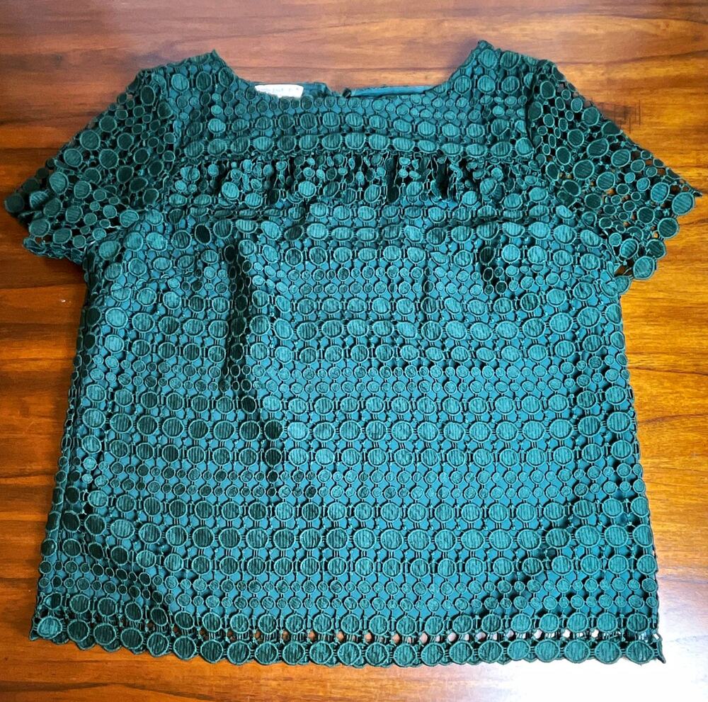 RSVP by Talbots Green Lace Lined Round Neck Short Sleeve Blouse Top Size L, Bow